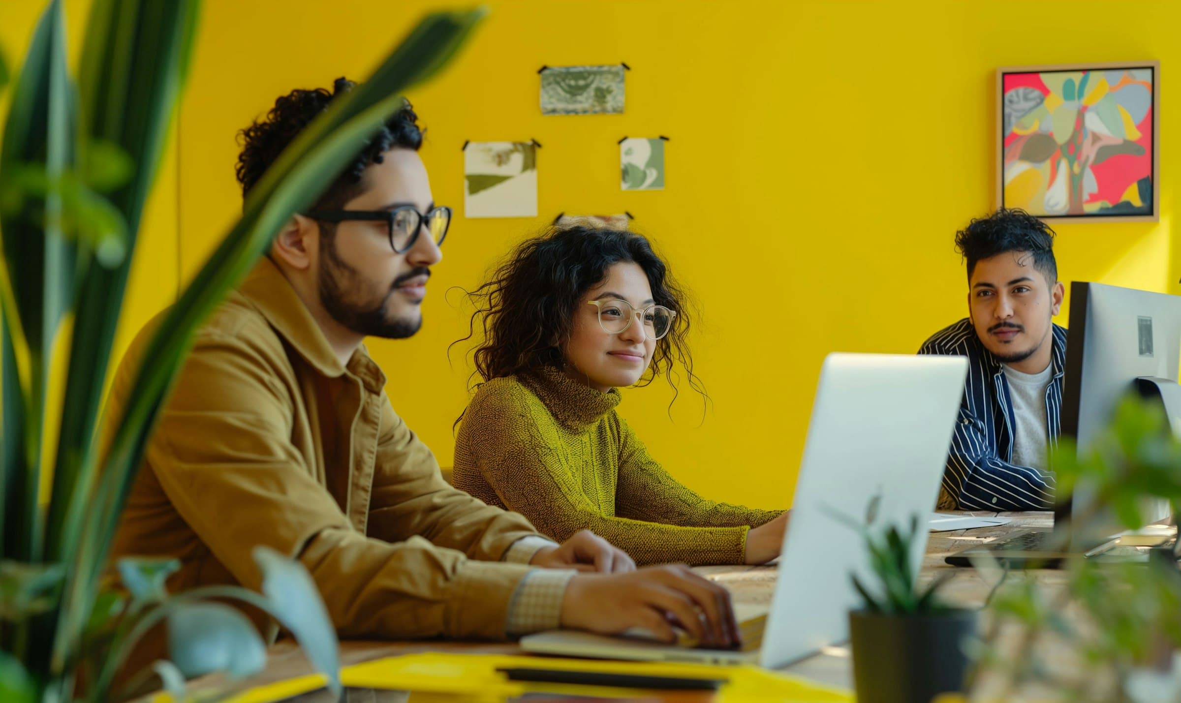Three people working at computers in a bright yellow room with plants and artwork on the walls.