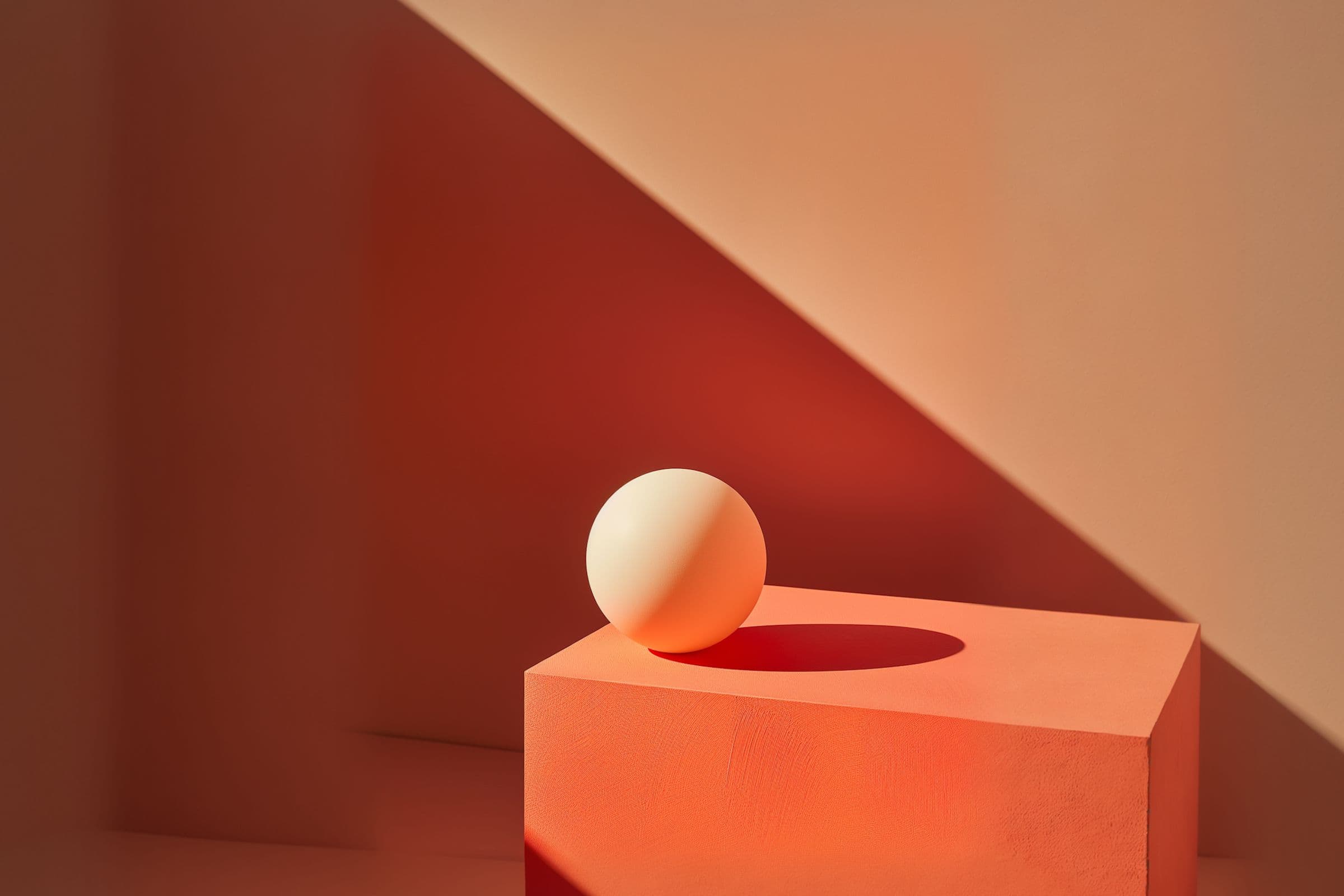 A white sphere on a coral cube with dramatic lighting casting angular shadows on a peach background.