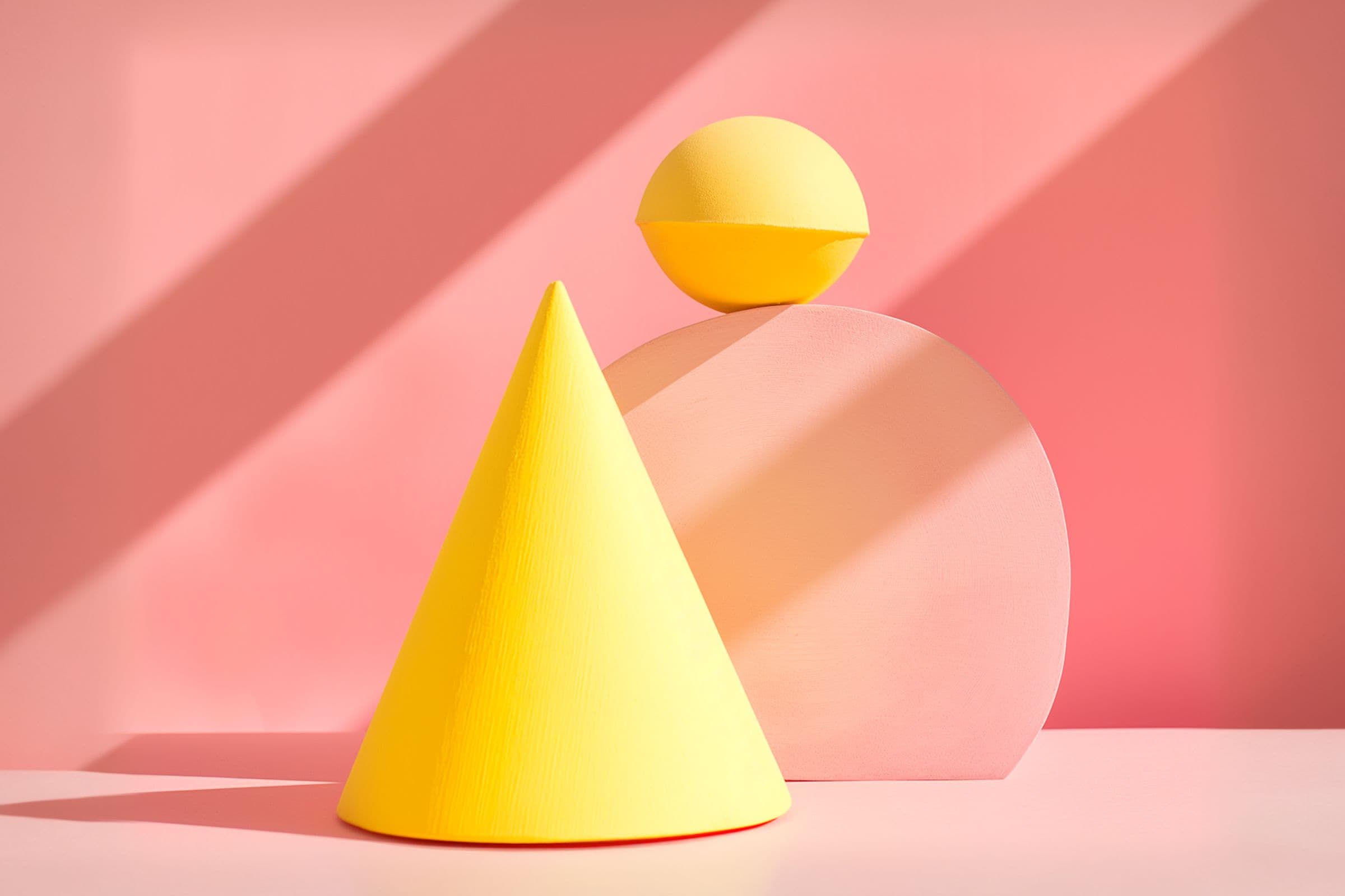 Yellow cone and sphere on a pink background with shadows, creating a minimalist geometric composition.
